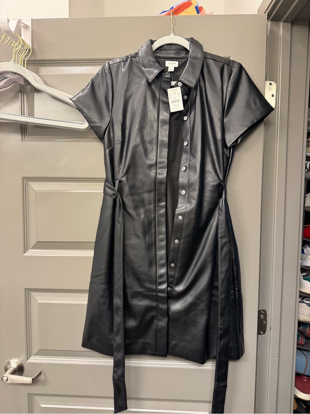 J. Crew Black Faux-Leather Shirt Dress with Side Ties